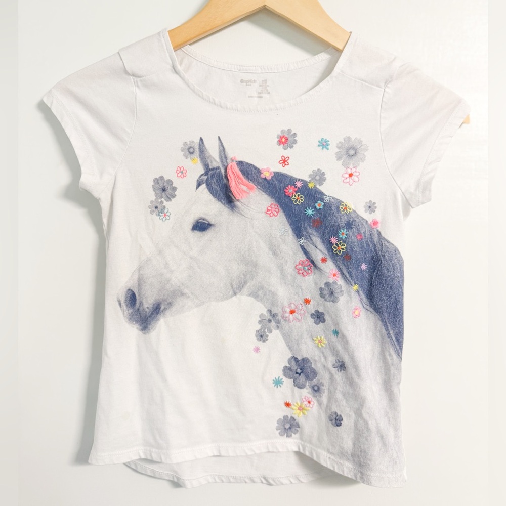 Gap Kids Horse Graphic Tee Girls M 8 White Floral Cap Sleeve Shirt